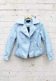 Leather Look Double Breasted Biker Jacket In Baby Blue Blue Leather Jacket Jackets Baby Blue Jacket