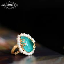 Glseevo اليدوية Origainal تصميم لؤلؤ طبيعي من المياه النقية القلب شكل الأزرق الحجر الدائري للنساء مجوهرات الزفاف الفاخرة Gr0238 في خواتم من الإكسسوارات والجواهر على Www Unohama Club Store