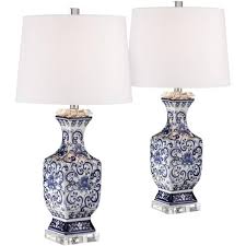 Blue and white porcelain temple jar table lamp. Barnes And Ivy Asian Table Lamps Set Of 2 Porcelain Blue Floral Jar Geneva White Drum Shade For Living Room Family Bedroom Bedside Target