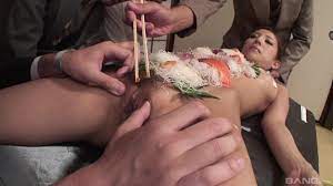 Japanese food fetish during group sex with a slim slave girl