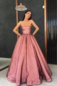 Unique Strapless A Line Long Pink Satin Floor Length With Pockets Prom Dresses Js123 Elegant Dresses Ball Dresses Dresses