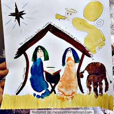 Our final picture also gives the children some ideas for colouring in their picture. Nativity Handprint And Footprint Craft Messy Little Monster