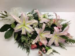 Flower, beauty, funeral, blossom, bloom pink lily flower and fern leaf isolated on white. Pink Lily Tied Sheaf Scentiments Flowers