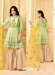 We at yourdesignerwear.com care for all women & hence provide them with high end ravishing designs of indian ethnic wear such as salwar kameez, designer sarees, anarkali dresses, lehenga choli, ghagra choli, designer gowns, bollywood collection, chaniya choli, kurtis, tunics, readymade blouses & many more which. Buy Sea Green Embroidered Rangoli Georgett Designer Sarara Suit Palazzo Salwar Suits