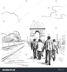 Black And White Road Drawing Sketch Of People Walking On Rajpath Road Towards The War Memorial India Gate New Delhi India Hand Drawn Vector I Sketches Of People Perspective Art Drawings