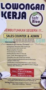 Info lowongan kerja mulai lulusan smp sma smk d3 d4 s1 s2 semua jurusan loker 2021 bank bumn cpns pln pertamina hotel dll. Lowongan Kerja Di Teh Rico Sidoarjo Terbaru Mei 2019 Lowongan Kerja Surabaya Januari 2021 Lowongan Kerja Jawa Timur Terbaru