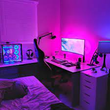 The elegance of this white and purple gaming chair is an instant attention grabber. Aesthetic Pc Setup Setup Aesthetic Gaming Room Setup Room Setup Game Room Design