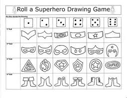 Draw A Superhero Dice Game With Free Coloring Page Drawing Games For Kids Drawing Games Art Lessons Elementary