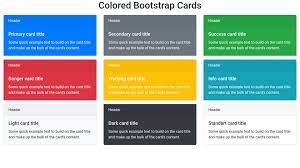 Bootstrap horizontal cards with group. Colored Bootstrap Cards