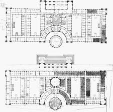 Fig. 13. Ralph Knott's winning design for County Hall, 1908. Plans of the  Ground Floor (below) and Principal Floor showing the symmetrical layout  with equal-sized courts. The hatching indicated the allocation of
