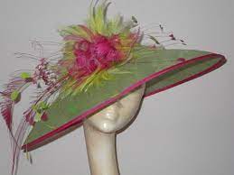 Large Hot Pink And Green Hat With A Large Feather Flower Etsy Green Hats Pink And Green Fancy Hats