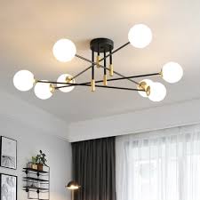 Sputnik Semi Flush Mount With Sphere Opal Glass Shade Post Modern Semi Flush Ceiling Light In Brass Beautifulhalo Com
