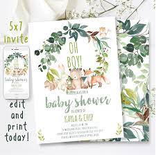 Editable Printable Boy Baby Shower Invitation Woodland Baby Shower Forest Animals Baby Animals Custom Invitation Corjl Woodland Baby Shower Invitations Baby Shower Invitations For Boys Baby Boy Shower