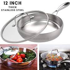 Stainless Steel Skillet With Glass Lid Large 12 Frying Pan Induction Gas Burner Branded Gas Burners Stainless Steel Skillet Cooking