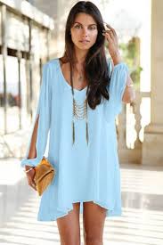 Light Blue V Neck Chiffon Shift Dress Chiffon Shift Dress Chiffon Dress Short Mini Shirt Dress