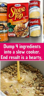 Dump 4 Ingredients Into A Slow Cooker End Result Is A Hearty Tasty Chicken And Stuffing In 2020 Easy Slow Cooker Chicken Slow Cooker Chicken Recipes