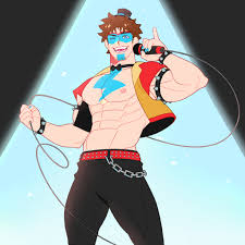 feraltintinsimp, freddy fazbear, glamrock freddy, five nights at  freddys, five nights at freddys: security breach, absurdres,  highres, 1boy, abs, armband, bara, belt, biceps, bow, bowtie, bracelet,  chain, facial hair, hat, jacket, jewelry,