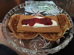 These heart shaped waffles are in norway waffles are served as a dessert and are topped with sour cream, lingonberry jam, and brown. Homemade Norwegian Dessert Waffle Brown Cheese Sour Cream Raspberry Jam Food