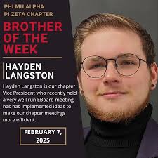 State of the chapter spring 24 Offices: President: Hayden Conner Langston  Vice President: Thomas Joshua Kroc Secretary: Jason Marvin Pruitt Warden:  Clarence Adam Bechtel Asst. Warden: Trey Wayne Dedear Treasurer: Isaac  Kenneth