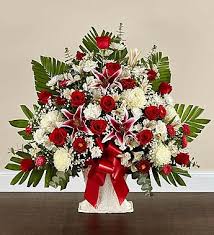 Red Rose And Lily Floor Basket Funeral Floral Arrangements Basket Flower Arrangements Large Flower Arrangements