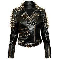 Shiny Black Women Gold Spike Punk Metal Studs Zipper Brando Zipper Style Leathe Spiked Leather Jacket Leather Jackets Women Studded Leather Jacket