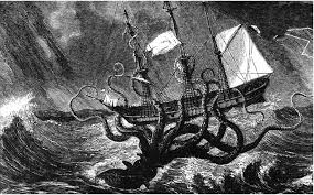 A Mythical Monster From The Dark Depths Attacks The Ship. The Octopus Wraps  Its Tentacles Around The Ship And Pulls It To The Bottom. Vector Image Of  The Kraken. 36292084 Vector Art