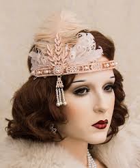 1920s Flapper Headbands Great Gatsby Headpiece Rose Gold Hair Accessories  With Ostrich Feathers