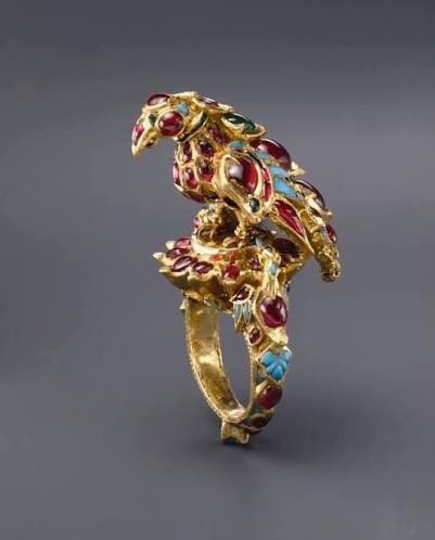 Mughal India falcon archer's ring with ruby eyes