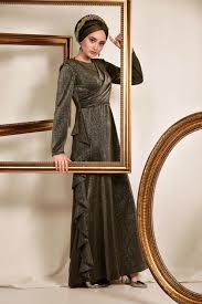 Yani Firfirli Simli Kadin Tesettur Abiye Elbise Alvina Elbise Victorian Elbiseler Basortusu Modasi
