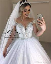 Luxury Crystals Beaded Ball Gown Wedding Dresses 2020 Vintage Lace Plus Size Sequined Arabic Mulsim Vestido De Novia Bridal Gowns A Wedding Dress Huge Ball Gown Ball Gown Wedding Dress Ball