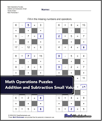 Math Puzzle Worksheets That Require Students To Fill In Missing Values Many More Variations And Harder Problem Grid Puzzles Easy Math Worksheets Number Grid