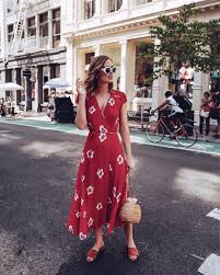 Street Style Reformation Red Midi Dress Dress With Straw Basket Bag Red Midi Dress Trendy Dresses Fashion