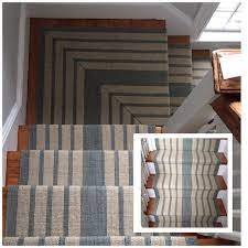 Spectacular Seaglass Stripe Stairs Installed Dash And Albert Wool Flatweave With A Meticulous Mitered Striped Carpet Stairs Stair Runner Carpet Carpet Stairs