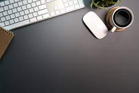 Premium Photo Office Dark Desk Table Workspace With Computer Office Supplies And Coffee Mug Dark Desk Modern Business Cards Design Powerpoint Background Design