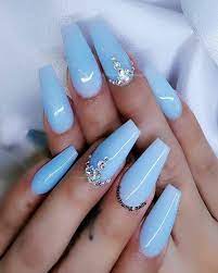 This beautiful blue is part of our spring pastels line featuring; Ballerina Nails Spring Nails Baby Blue Nails Nails With Rhinestones Acrylic Nails Blue Gel Nails Blue Coffin Nails Blue Acrylic Nails