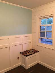 Custom wall panel or ceiling tile designs creation. My Version Of Shiplap Using Plywood And 1x4 Board Batten Around Rest Of Office Walls Shiplap Bathroom Shiplap Shiplap Bathroom Wall