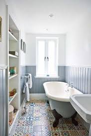 En Suite With Moroccan Floor Tiles And Blue Panelling Apartment Renovation Windowless Bathroom Bathroom Renovations