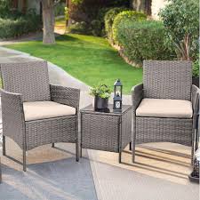 Walnew 3 Pcs Outdoor Patio Furniture Gray Pe Rattan Wicker Table And Chairs Set Bar Set With Cushioned Tempered Glass Grey Beige Walmart Com Wicker Table And Chairs Porch Furniture Patio Furniture