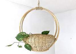 Mid Century Modern Round Hanging Basket Plant Holder Rattan Hanging Storage Light Wood White Wash Rustic Plants For Hanging Baskets Hanging Baskets Plant Holders