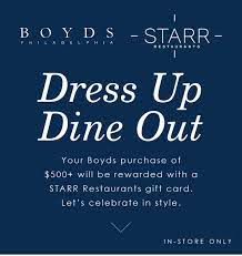 Below are 45 working coupons for restaurant gift card deals 2020 from reliable websites that we have updated for users to get maximum savings. Boyds X Starr Restaurants Dress Up Dine Out Boyds Philadelphia