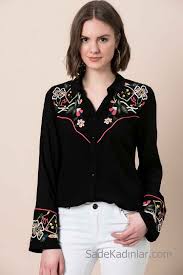 Siyah Gomlek Modelleri Uzun Kollu Yaka Ve Kollari Nakis Islemeli Moda Uzun Kollu Kadin Olmak