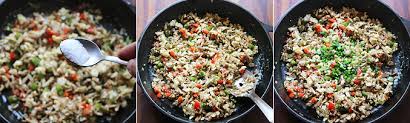 Sauteed meat and vegetables in spices and mixed with egg and pre cooked white ingredients for chicken fried rice: Chicken Fried Rice Recipe Restaurant Style Chicken Fried Rice Recipe
