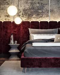 Red Velvet Bed And Extended Headboard Red And Gray Color Scheme For The Bedroom Glamorous Indus Apartment Interior Interior Design Bedroom Luxurious Bedrooms