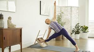 Utthita Trikonasana With Your Foot In The Bucket Of A Chair Iyengar Yoga Therapeutic Yoga Iyengar