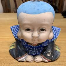 Fukusuke figurine clay doll Japan kimono prosperous business lucky rare  antique