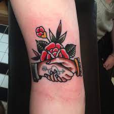 Handshake Tattoo By Jf At Bait And Schlang In Montreal Qc Ca Above The Ditch Tattoos Traditional Tattoo Handshake Hand Tattoos