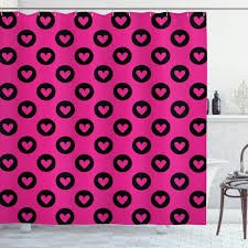 Pink and gray girls' bathroom features a white greek key mirror hung from a light pink wall over a white bath vanity topped with a pink and gray contemporary girl's bathroom features a round hot pink mirror placed over a pink trough sink. Hot Pink Shower Curtain Cute Pink Hearts Inside Big Black Spots Pattern In Symmetric Order Girlish Love Fabric Bathroom Set With Hooks 69w X 70l Inches Magenta Black By Ambesonne Walmart Com