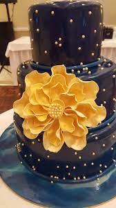 Navy Blue Gold Flower Stars Yellow Wedding Cake Cool Wedding Cakes Creative Wedding Cakes
