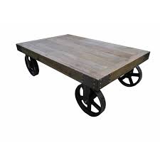 Rustic vintage industrial coffee table cart style on wheels with lower shelf. Coffee Table Rustic Industrial Timber Top Metal Wheels 1100mm Wide