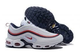 Nike Air Max 97 Men S Running Shoes White Red Dark Blue Shoesimart Com In 2020 Nike Air Max 97 Nike Air Max Running Shoes For Men